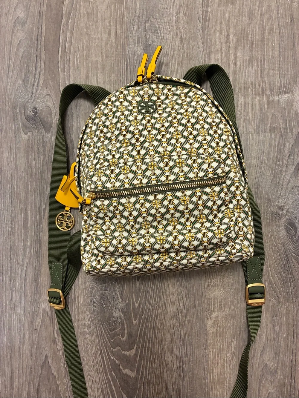 Tory Burch Printed Small Zip Backpack Yellow Green Gemini Medallion
